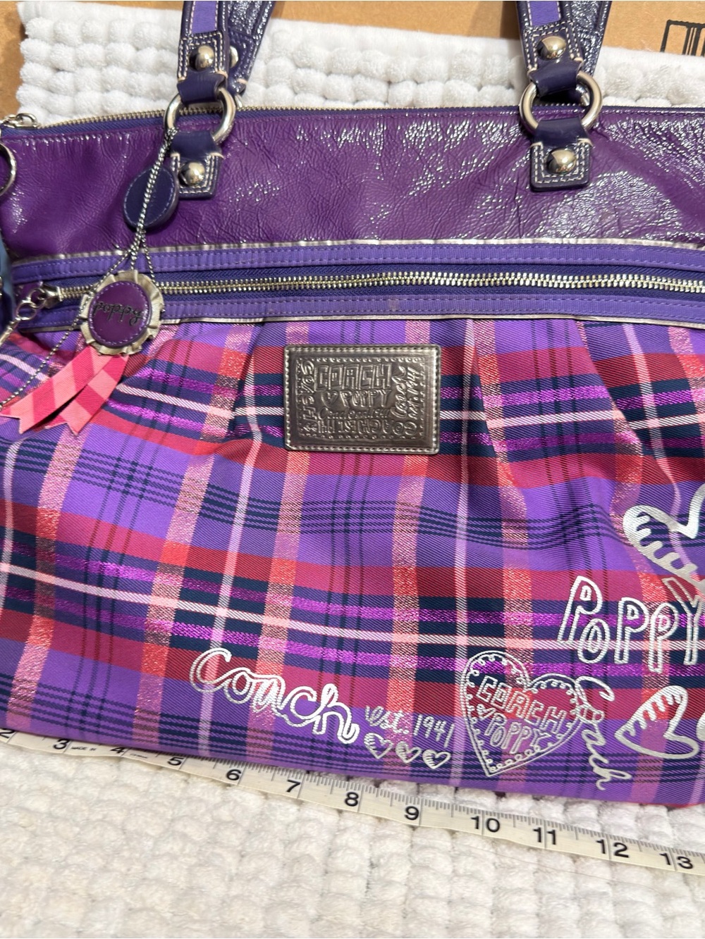 Coach Poppy Purple plaid Glam tote